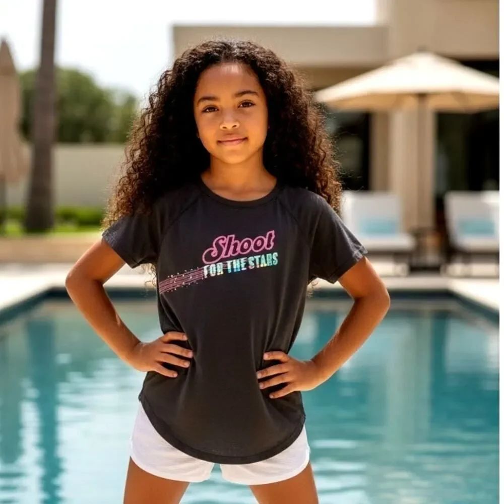 Athletic Works Girls Black "Shoot for the Stars" Graphic Tee Shirt - Size: L